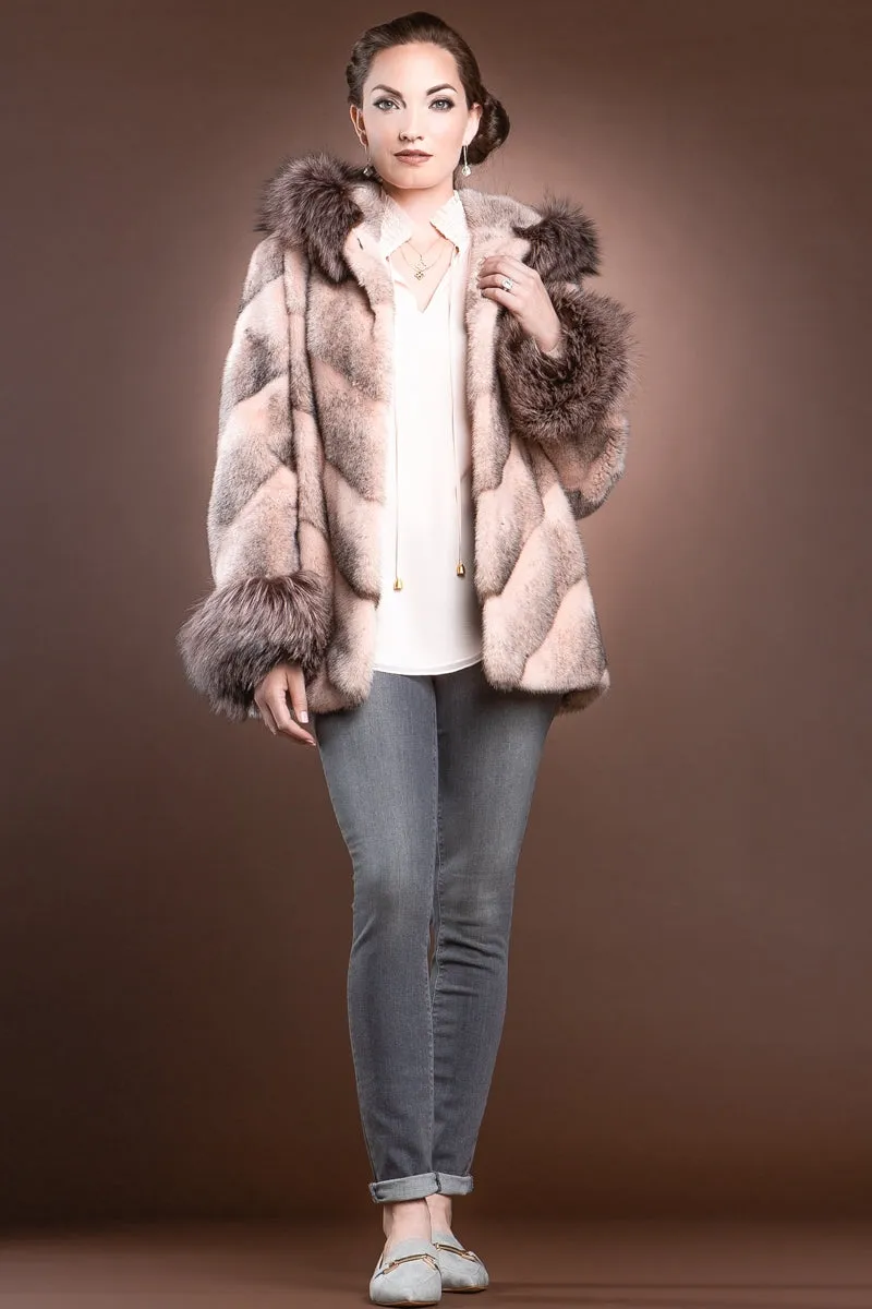 Hooded Directional Chevron Mink Fur Jacket - Fox Fur Hood Trim and Cuffs