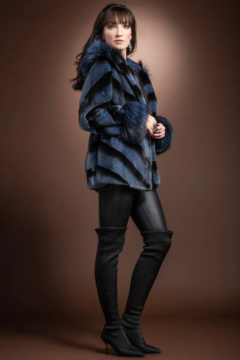 Hooded Directional Chevron Mink Fur Jacket - Fox Fur Hood Trim and Cuffs