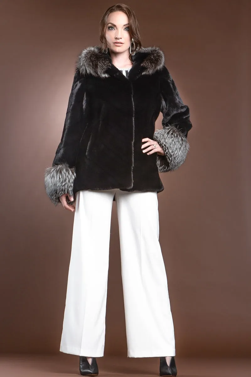 Hooded Directional Chevron Mink Fur Jacket - Fox Fur Hood Trim and Cuffs