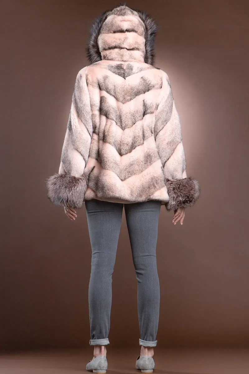 Hooded Directional Chevron Mink Fur Jacket - Fox Fur Hood Trim and Cuffs