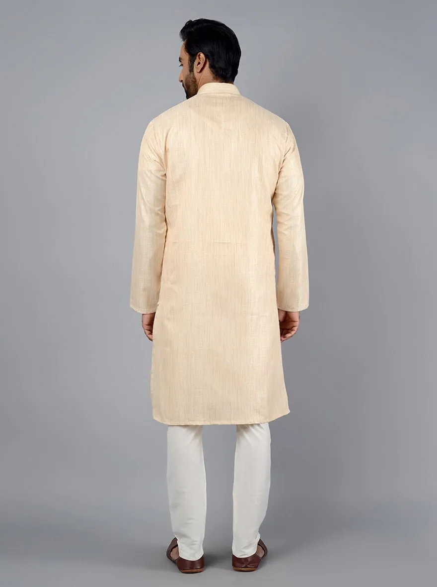 Ivory Beige Self Textured Silk Blend Kurta for Men