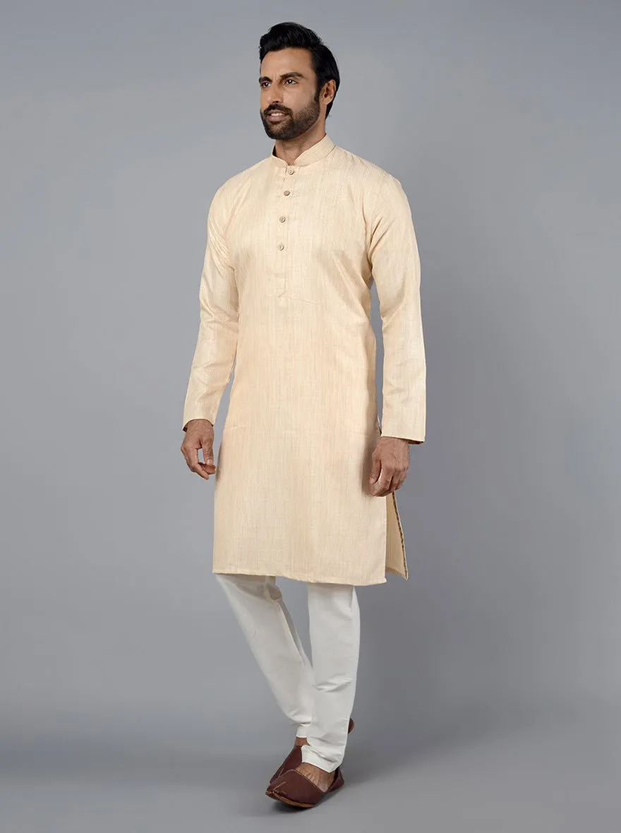 Ivory Beige Self Textured Silk Blend Kurta for Men