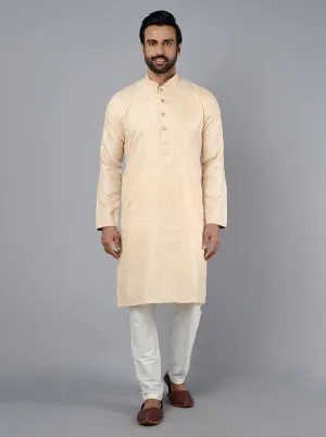 Ivory Beige Self Textured Silk Blend Kurta for Men