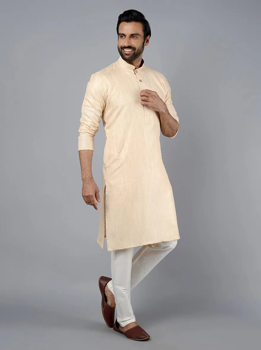 Ivory Beige Self Textured Silk Blend Kurta for Men