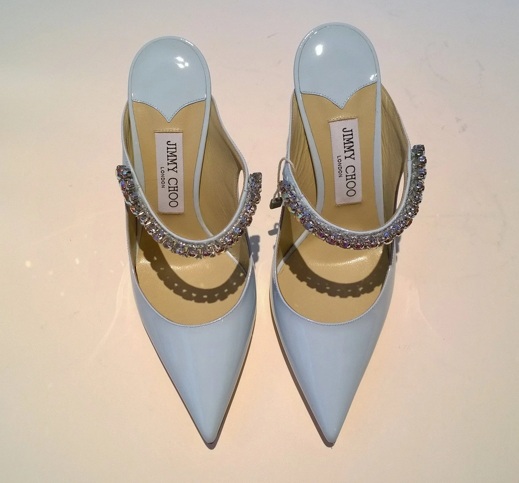 Jimmy Choo Bing 100 Powder Blue Aurora Rhinestone Strap Mules New Shoes Heels