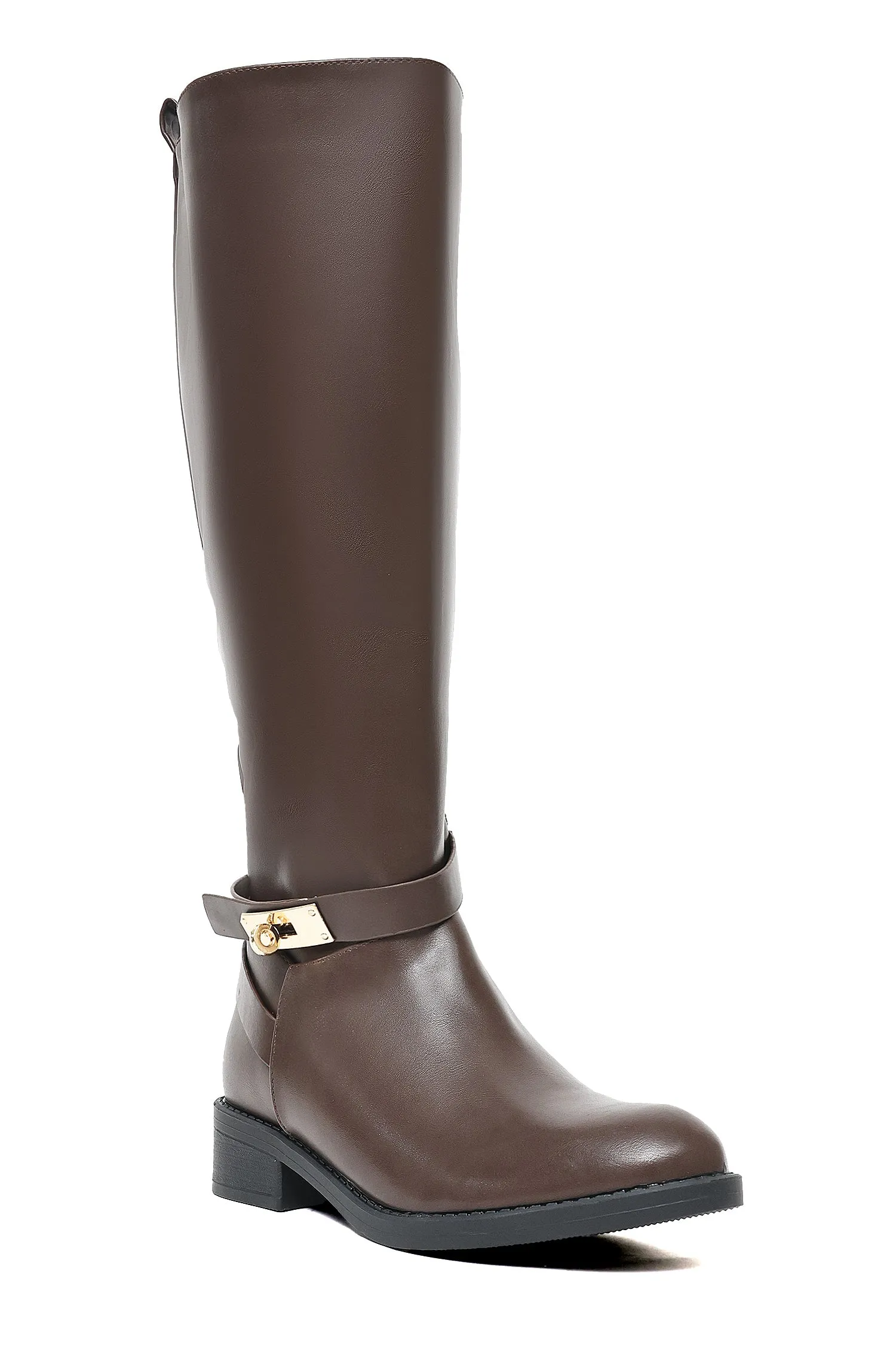 KNEE-HIGH BUCKLE RIDING BOOTS-COFFEE