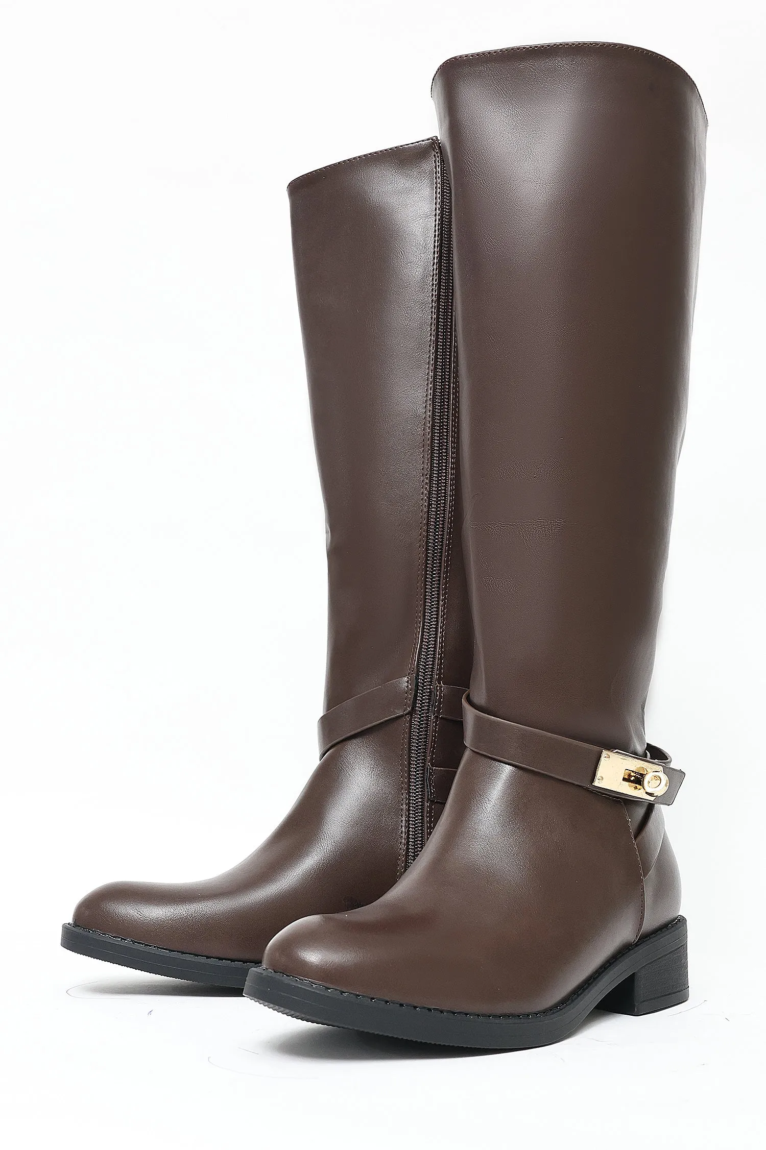 KNEE-HIGH BUCKLE RIDING BOOTS-COFFEE