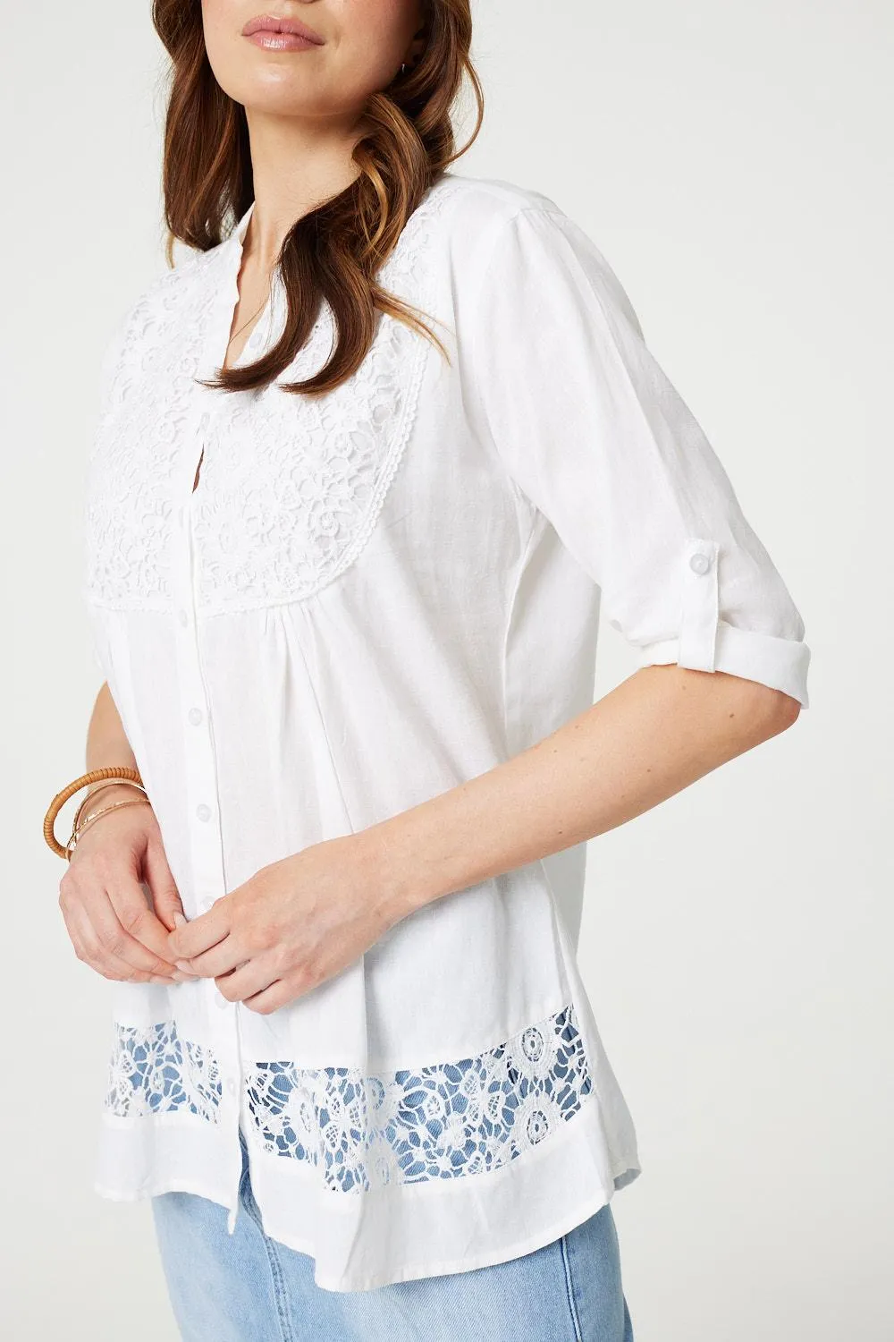 Lace Detail Collarless Button Down Shirt