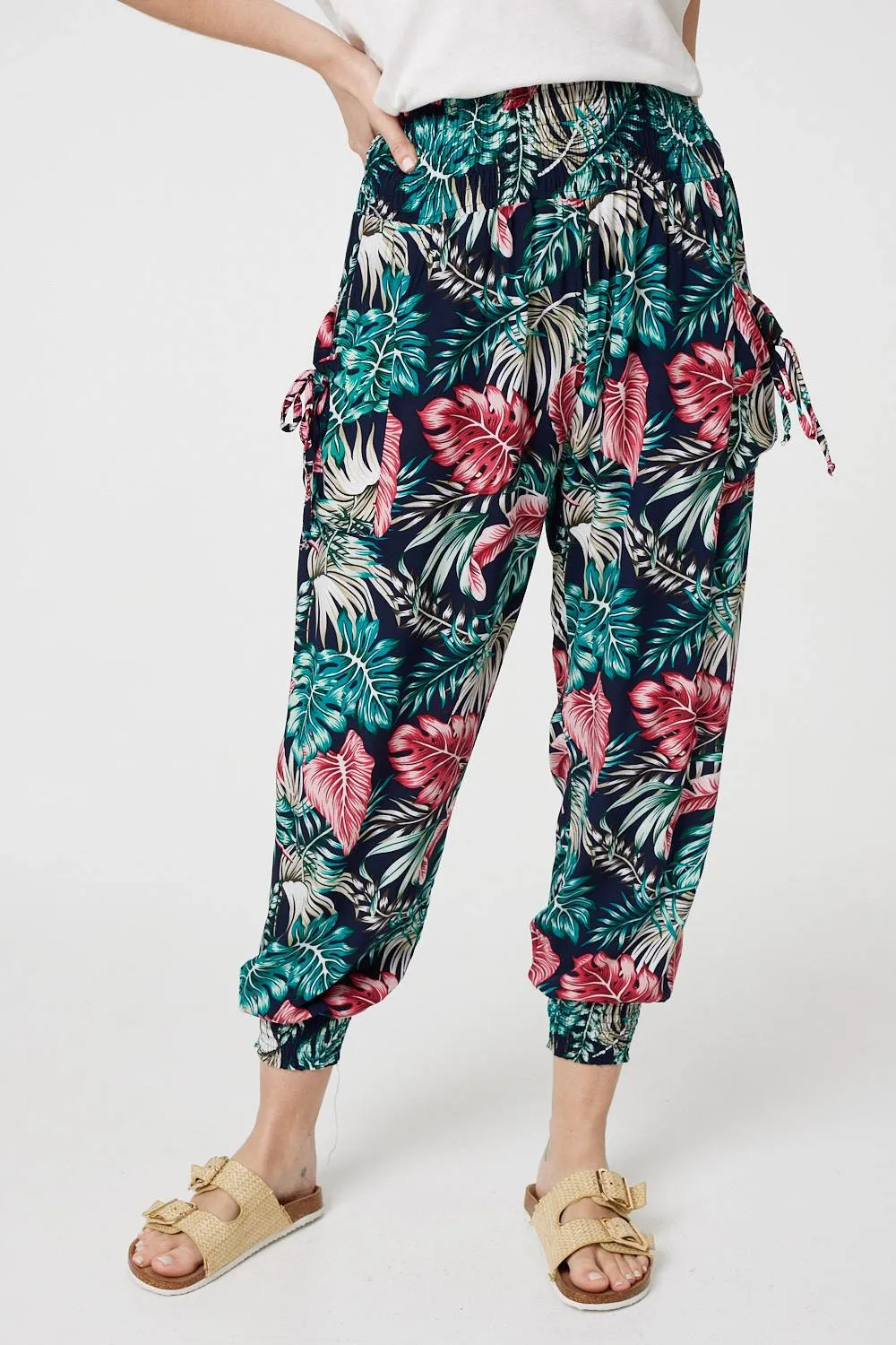 Leaf Print Harem Pants with Pockets