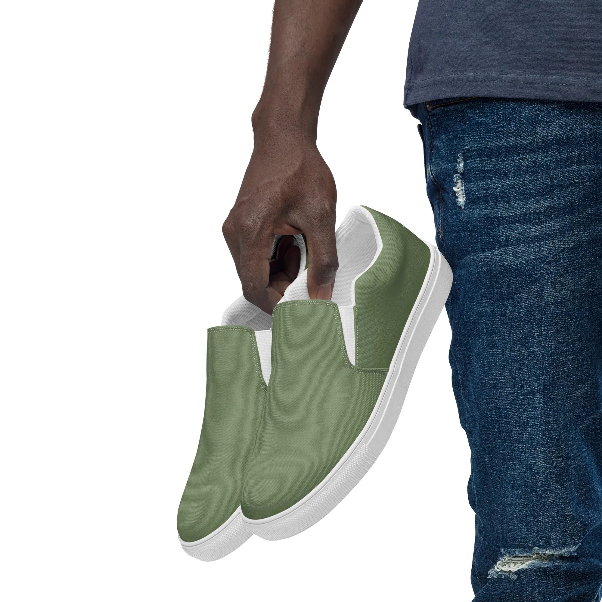 Matcha Green Men's Slip Ons, Solid Pastel Green Color Best Casual Breathable Men’s Slip-on Canvas Shoes (US Size: 5-13)