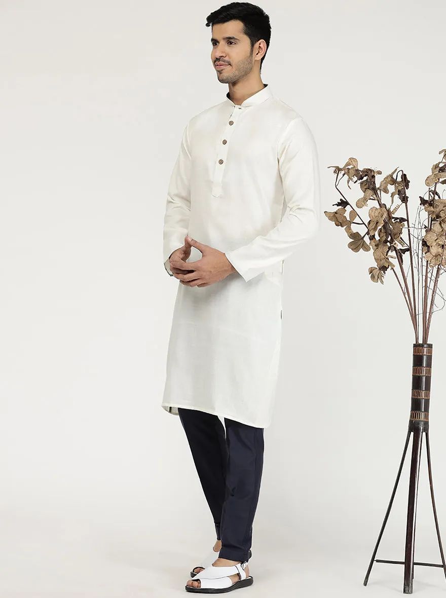 Milky White Solid Cotton Blend Kurta for Men