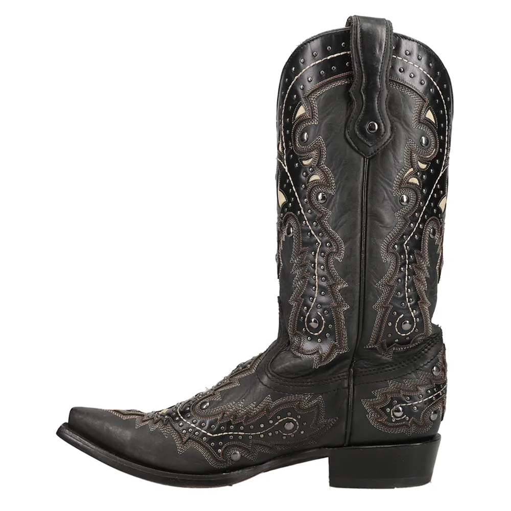 Mn Black Overlay & Embroidery & Studs Snip Toe Cowboy Boots