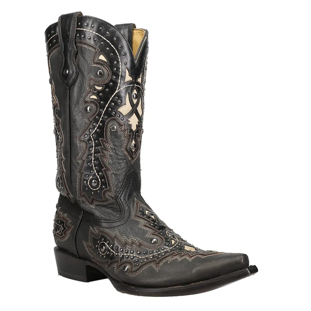 Mn Black Overlay & Embroidery & Studs Snip Toe Cowboy Boots