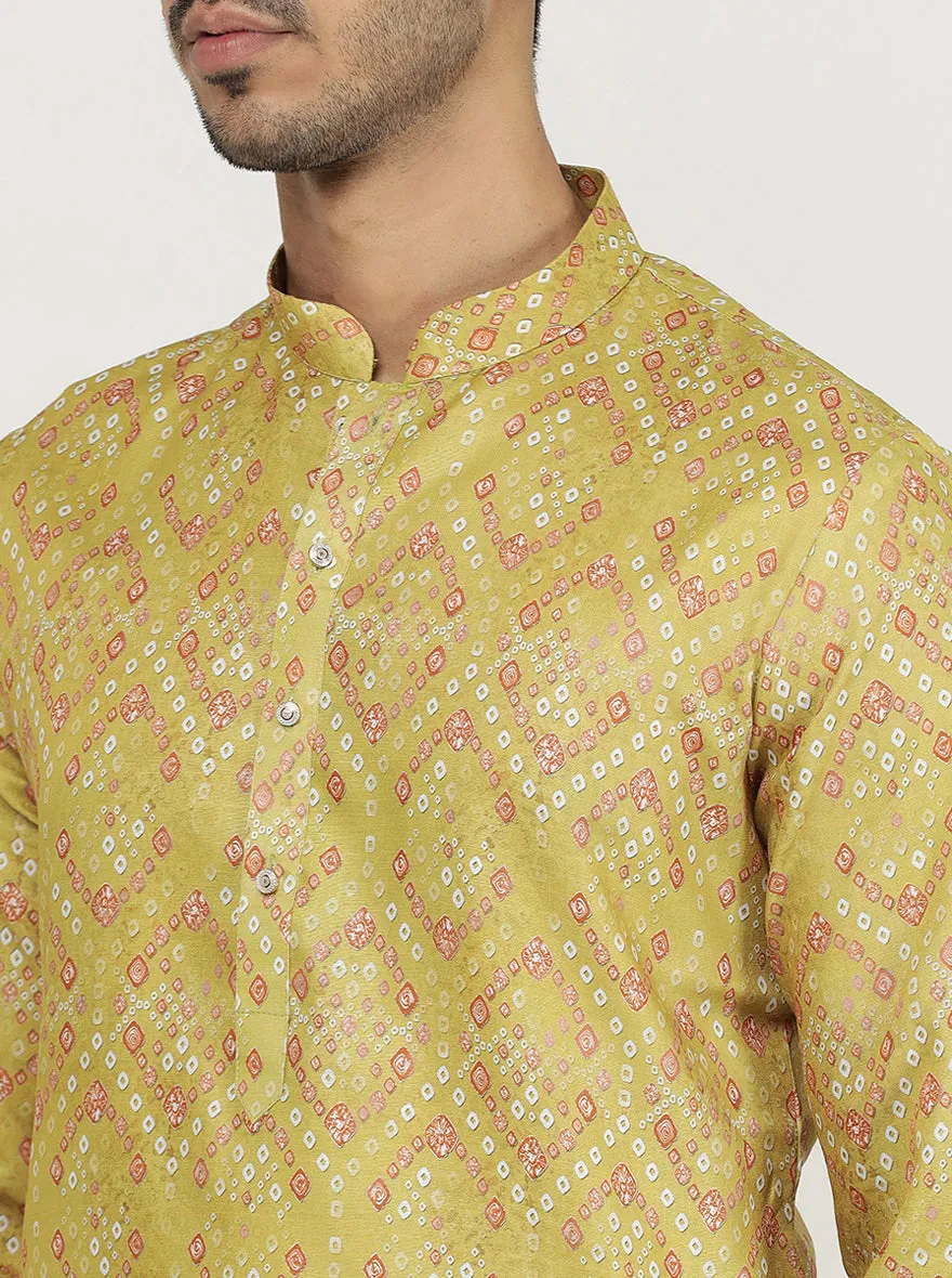 Mustard Yellow Printed Silk Blend Kurta for Men