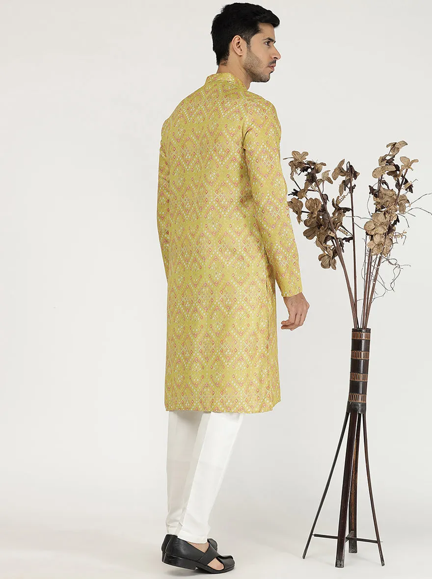 Mustard Yellow Printed Silk Blend Kurta for Men