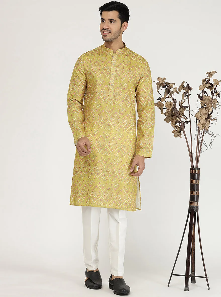 Mustard Yellow Printed Silk Blend Kurta for Men