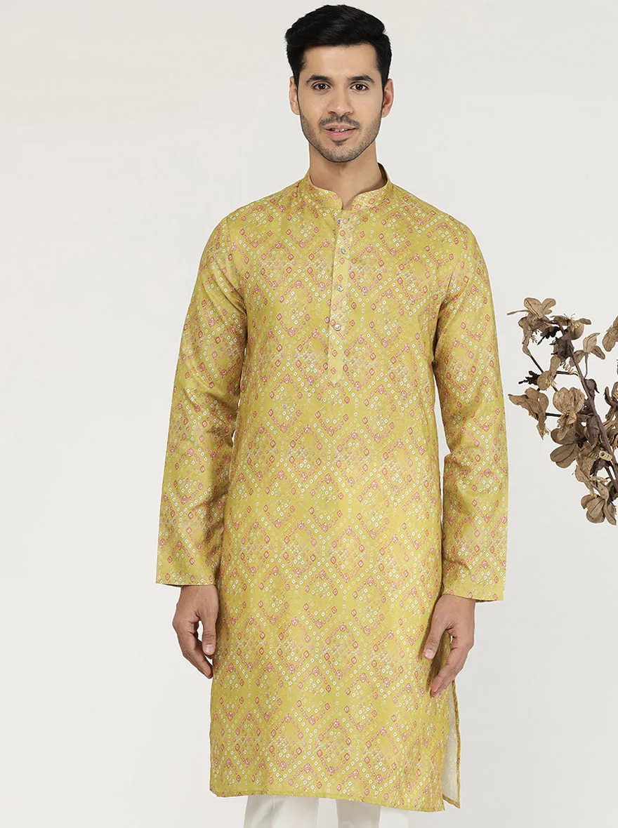 Mustard Yellow Printed Silk Blend Kurta for Men