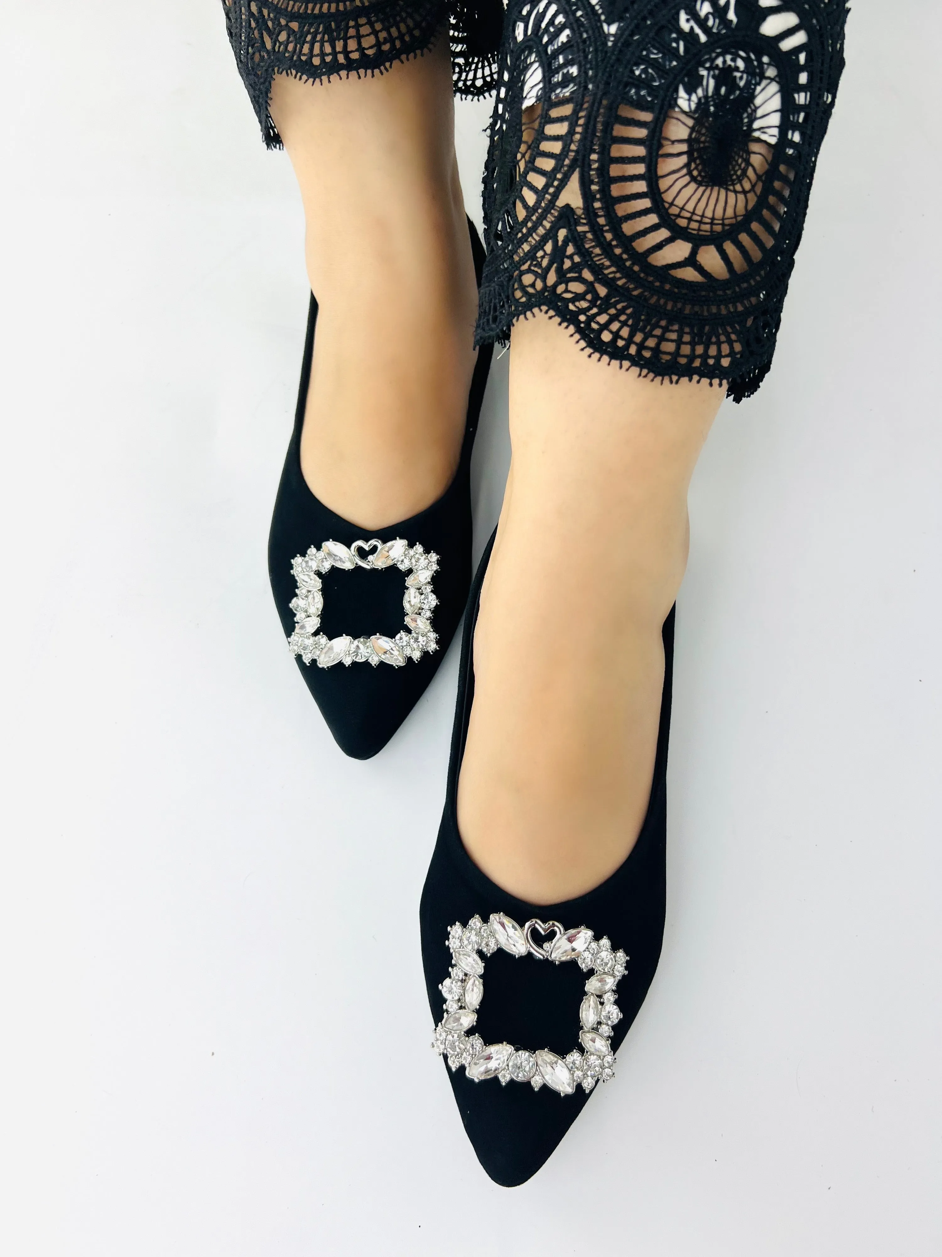 Myla Black Rhinestone Decor Point Toe Flat Shoes