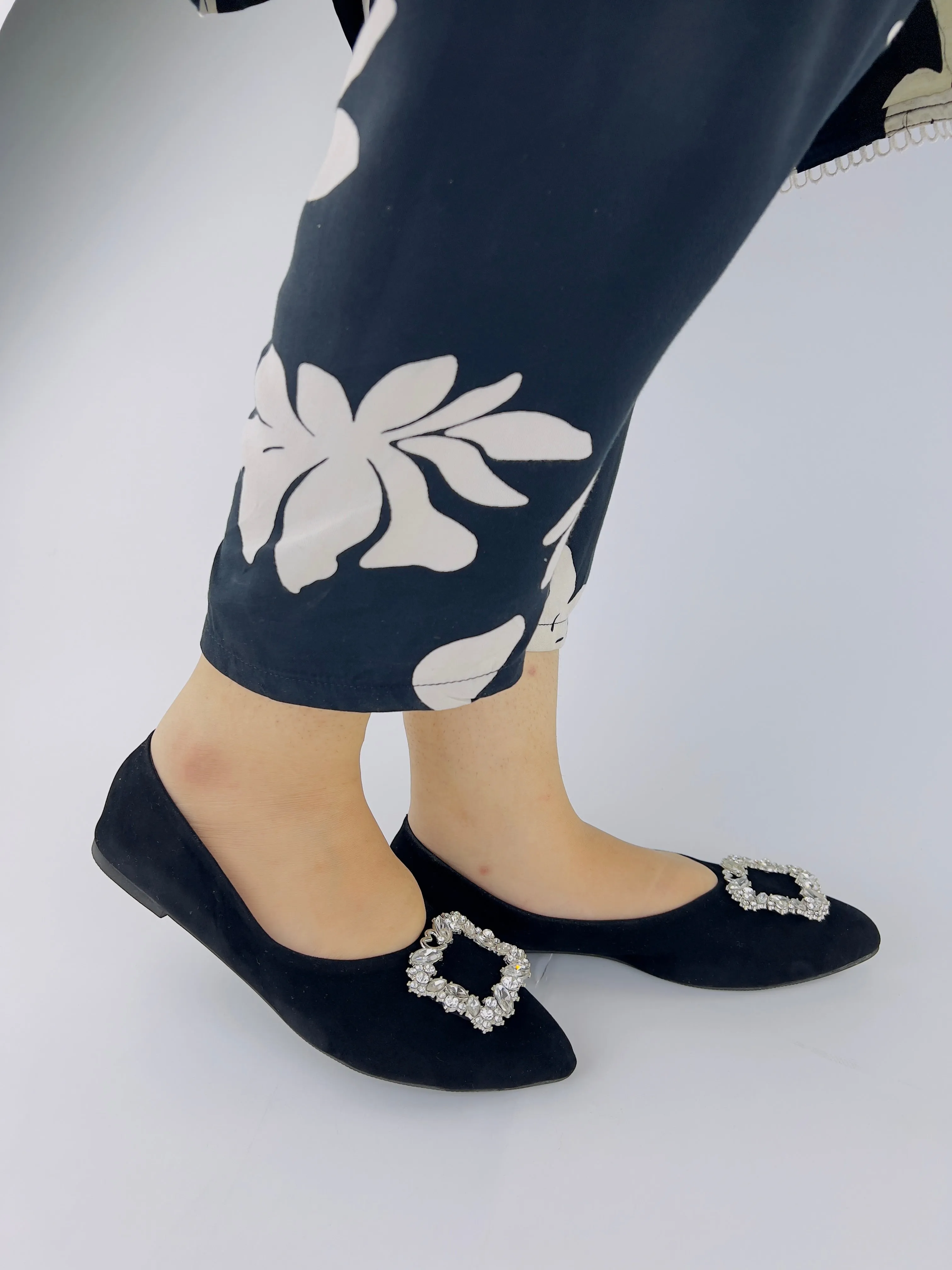 Myla Black Rhinestone Decor Point Toe Flat Shoes