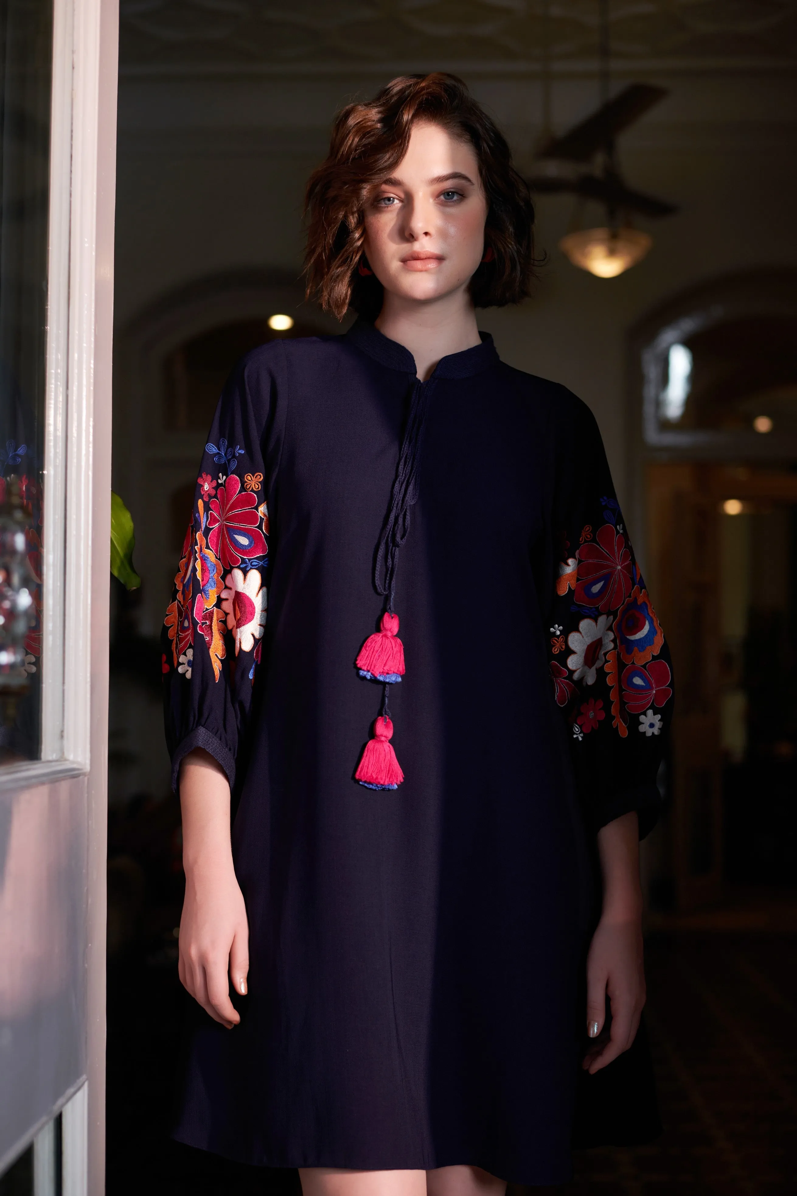 Navy Blue Women's Hand Embroidered Dress For Workwear