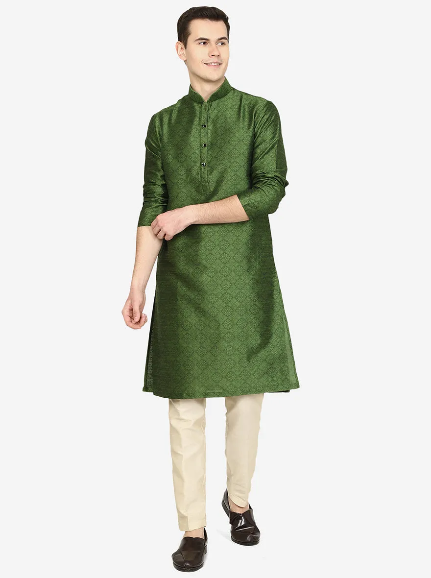 Olive Green Printed Silk Blend Kurta for Men