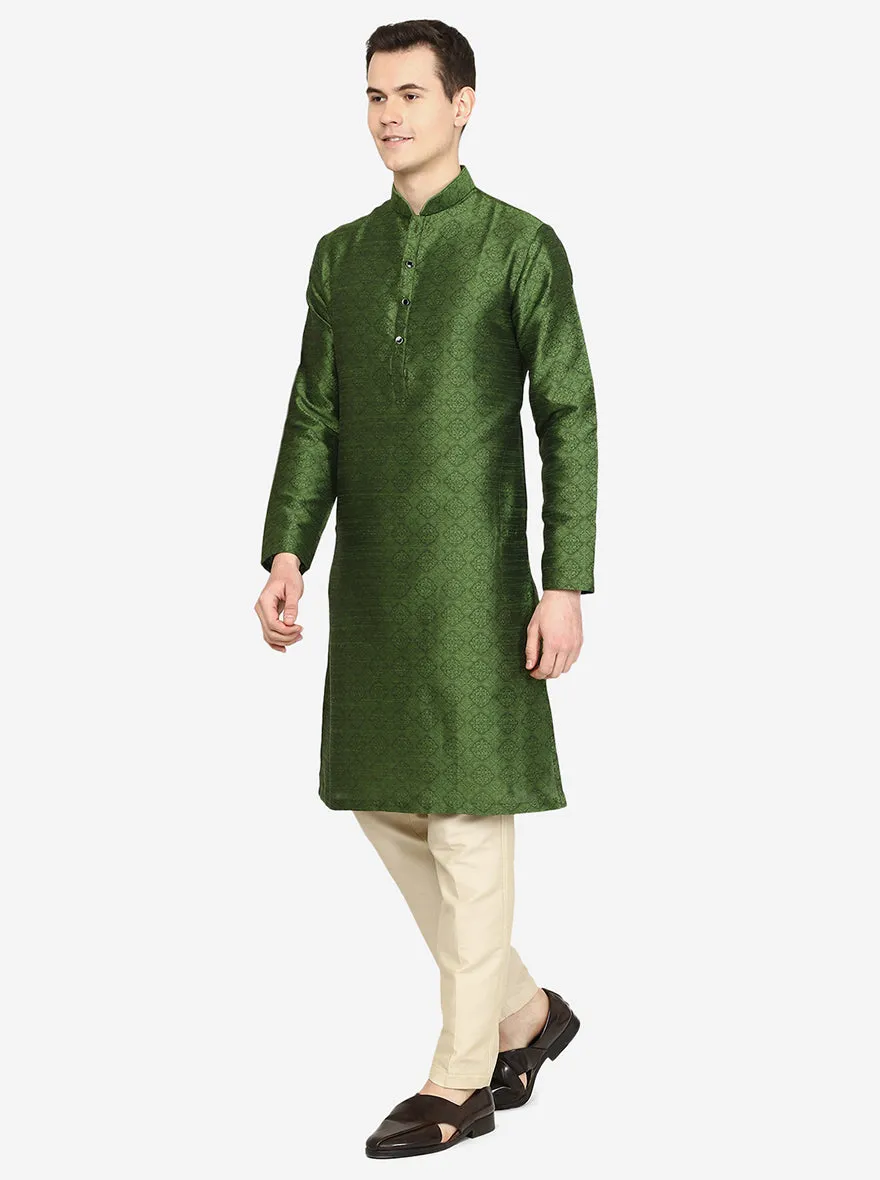 Olive Green Printed Silk Blend Kurta for Men