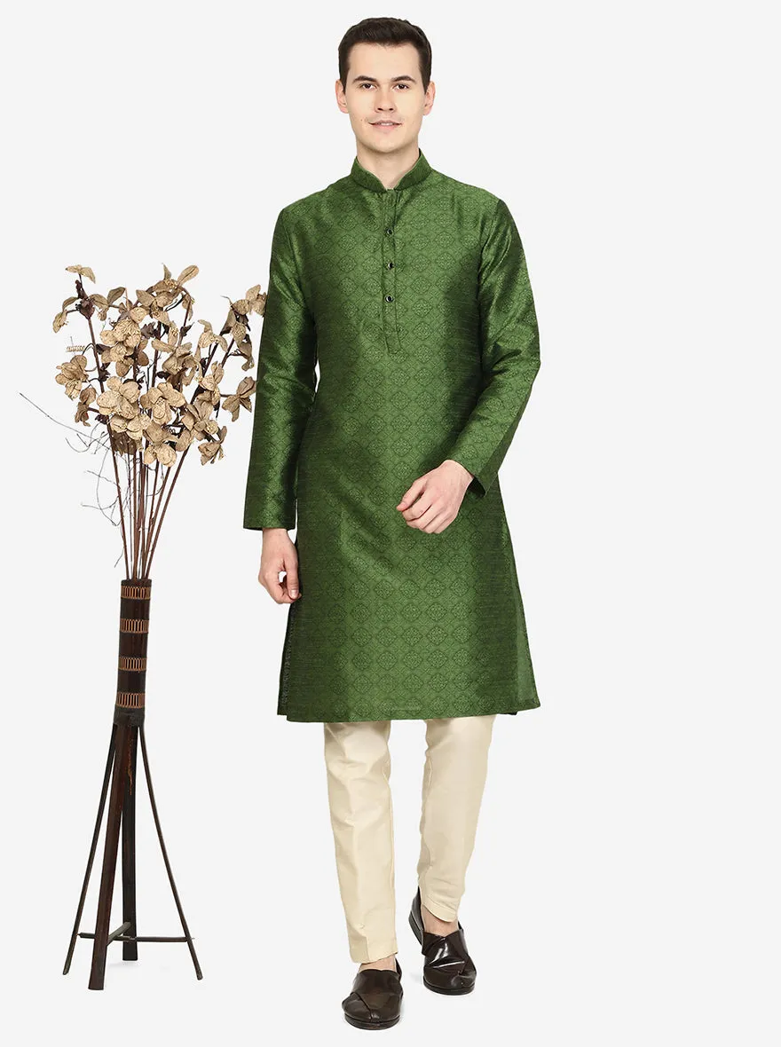 Olive Green Printed Silk Blend Kurta for Men