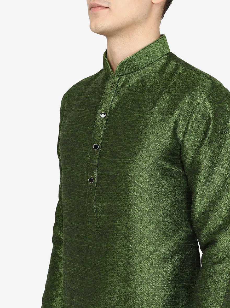 Olive Green Printed Silk Blend Kurta for Men