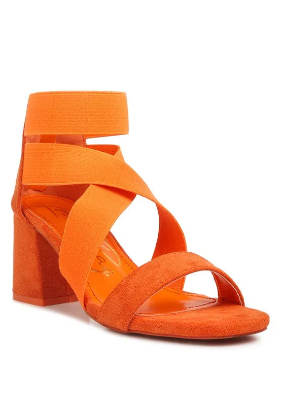 Orange Elastic Strappy Block Heel Sandals