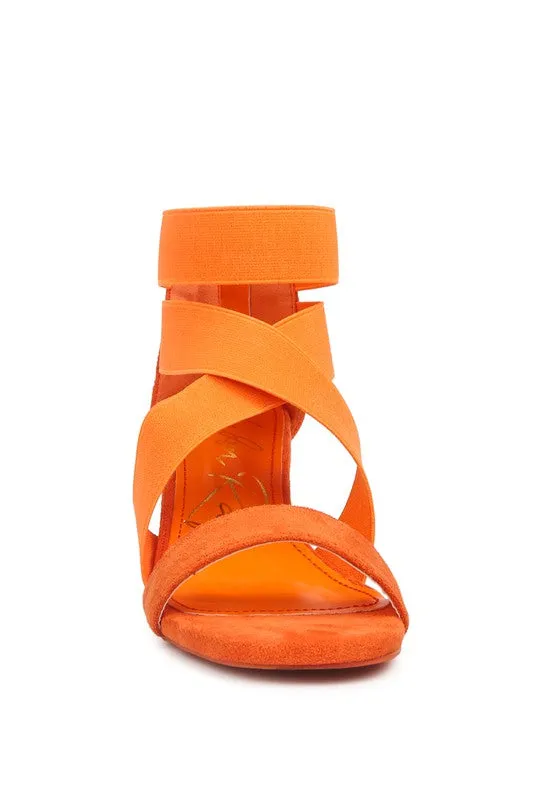 Orange Elastic Strappy Block Heel Sandals