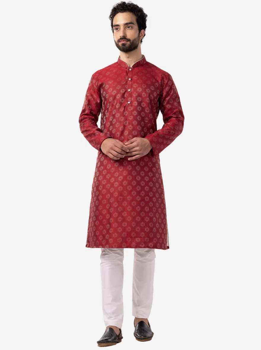 Ruby Red Printed Cotton Silk Blend Kurta for Men