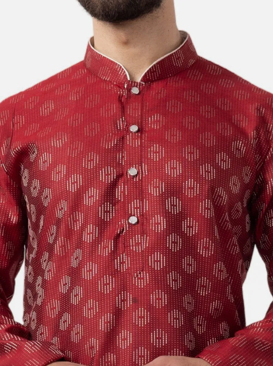 Ruby Red Printed Cotton Silk Blend Kurta for Men