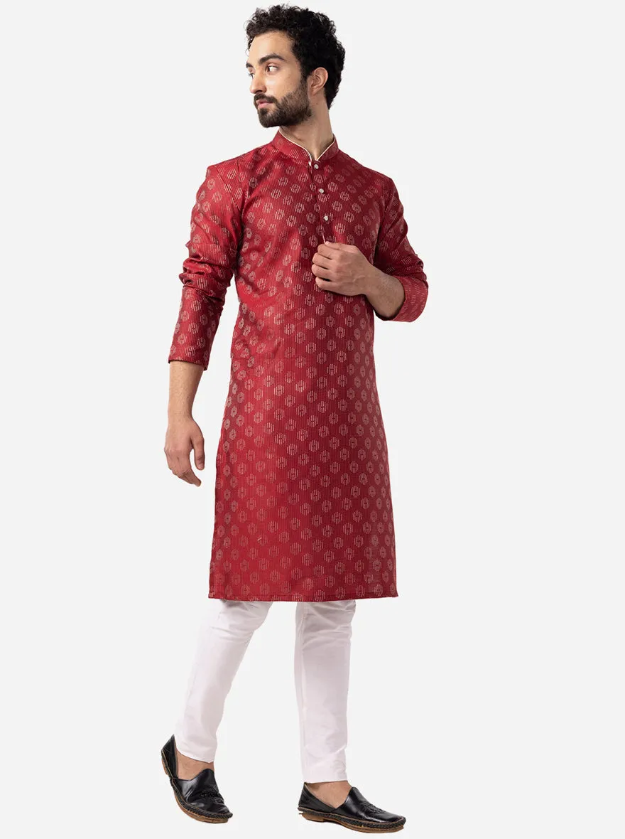 Ruby Red Printed Cotton Silk Blend Kurta for Men