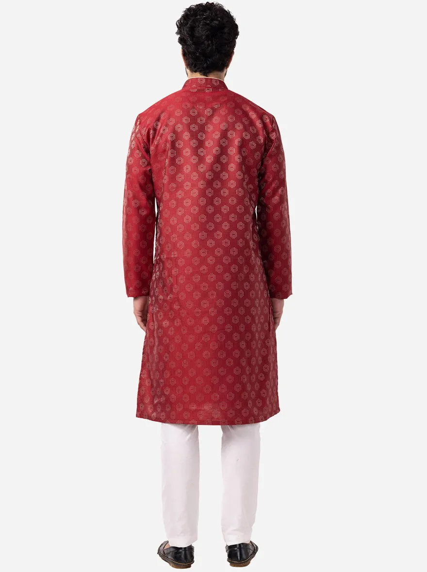 Ruby Red Printed Cotton Silk Blend Kurta for Men