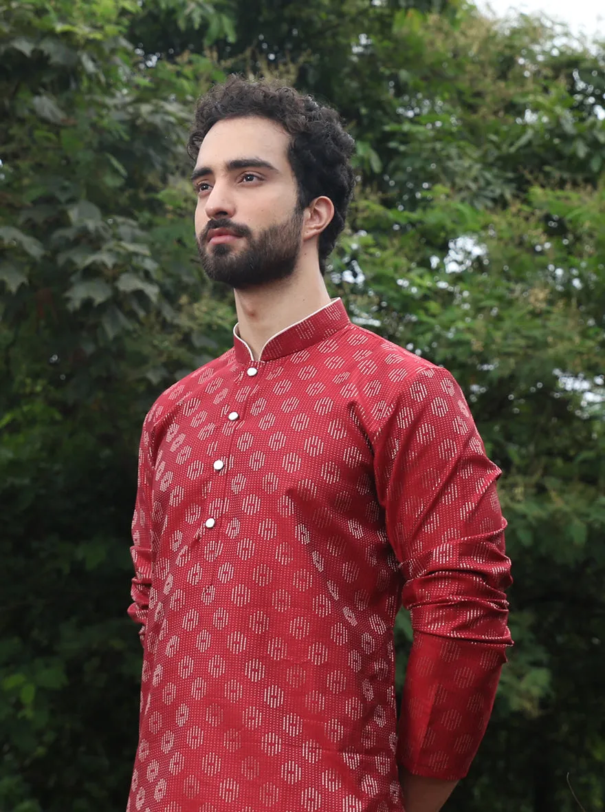 Ruby Red Printed Cotton Silk Blend Kurta for Men