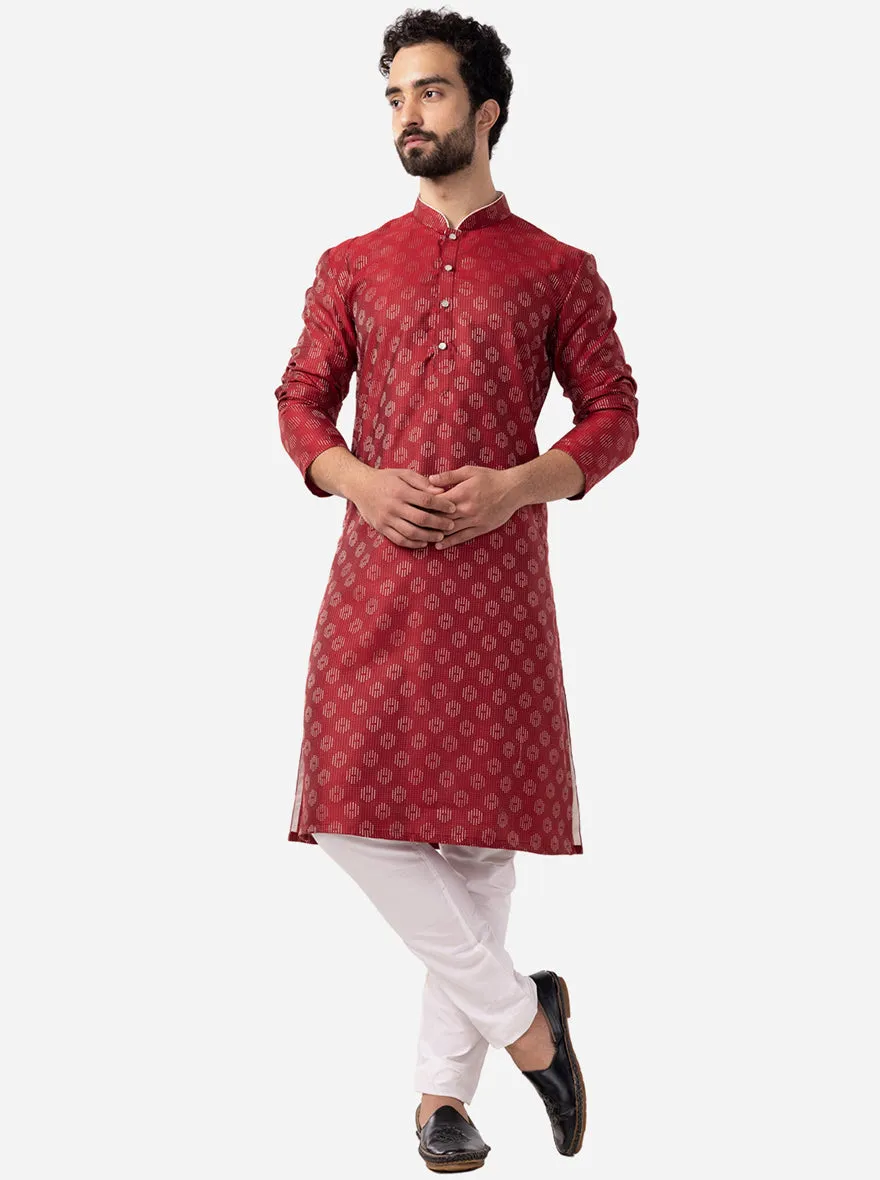 Ruby Red Printed Cotton Silk Blend Kurta for Men