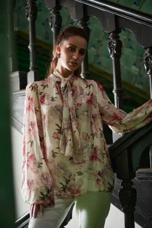 Silk Chiffon Floral Printed Bow tie Women's Top