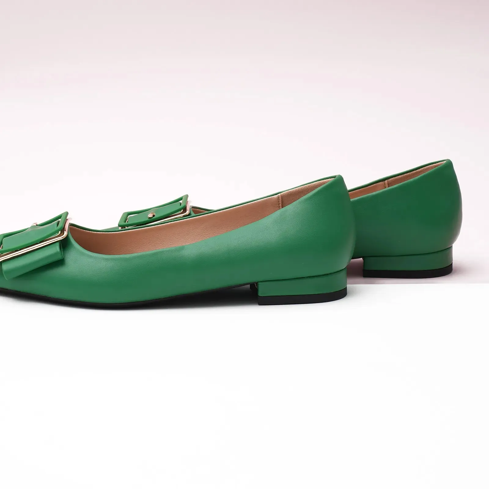 Square Buckle Flats (Aida) Green