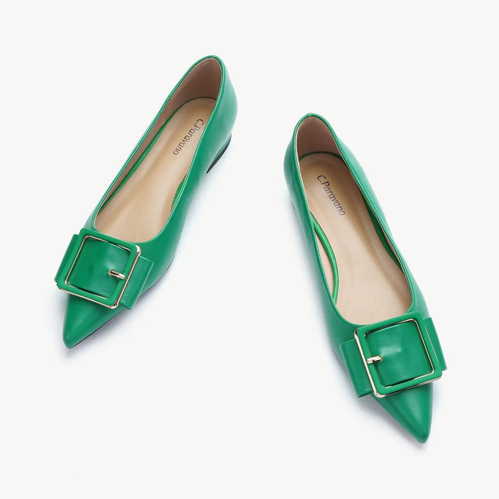 Square Buckle Flats (Aida) Green