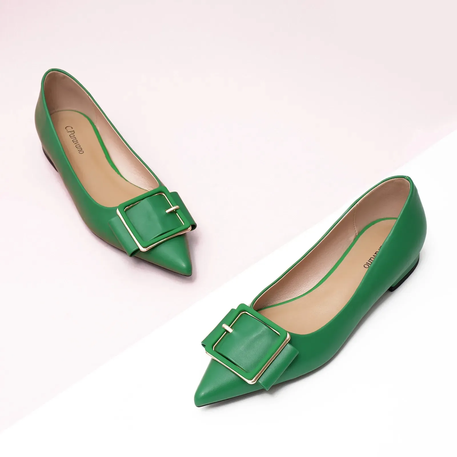 Square Buckle Flats (Aida) Green