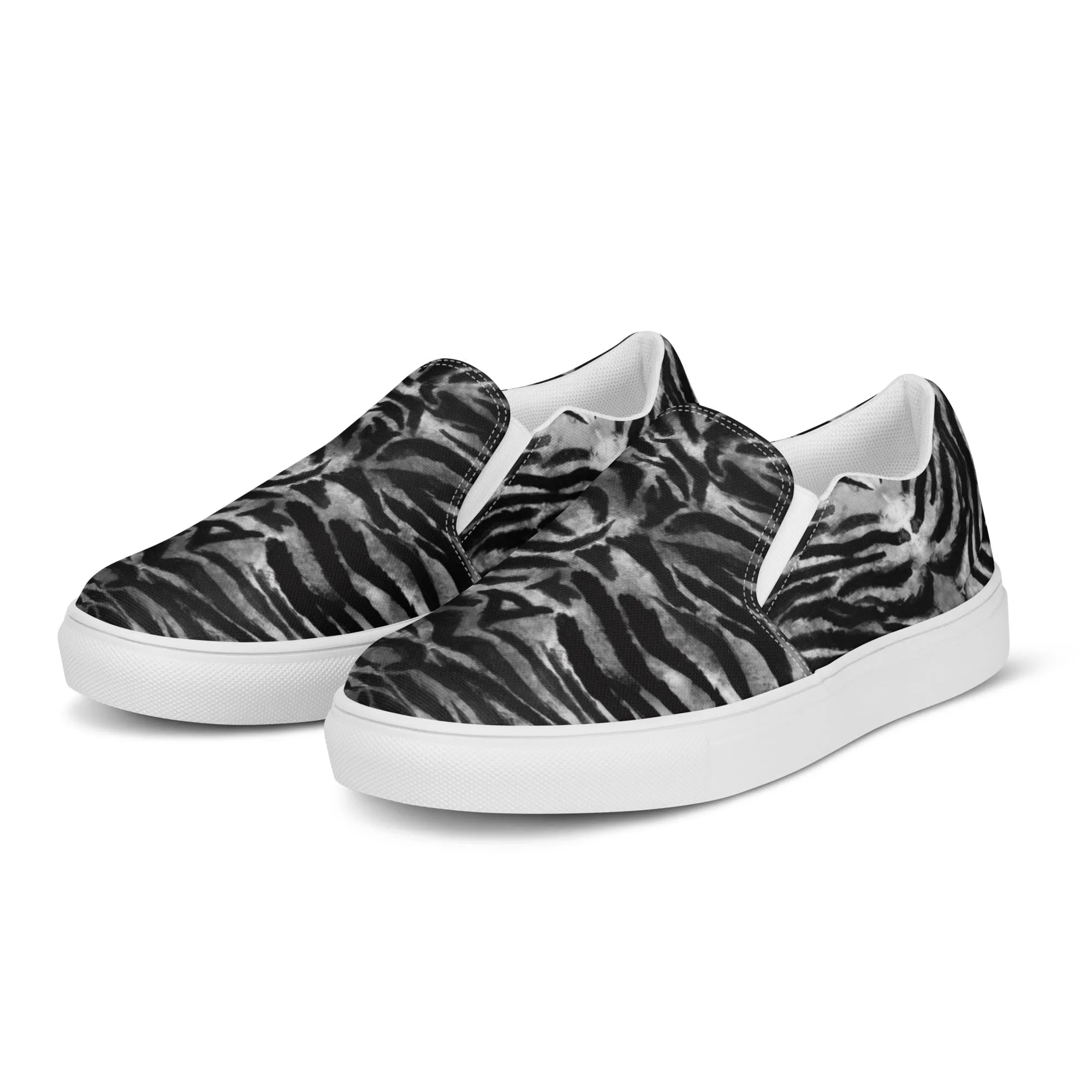 Tiger Striped Women's Slip-Ons, Grey Tiger Animal Print Women’s Slip-On Canvas Shoes (US Size: 5-12)