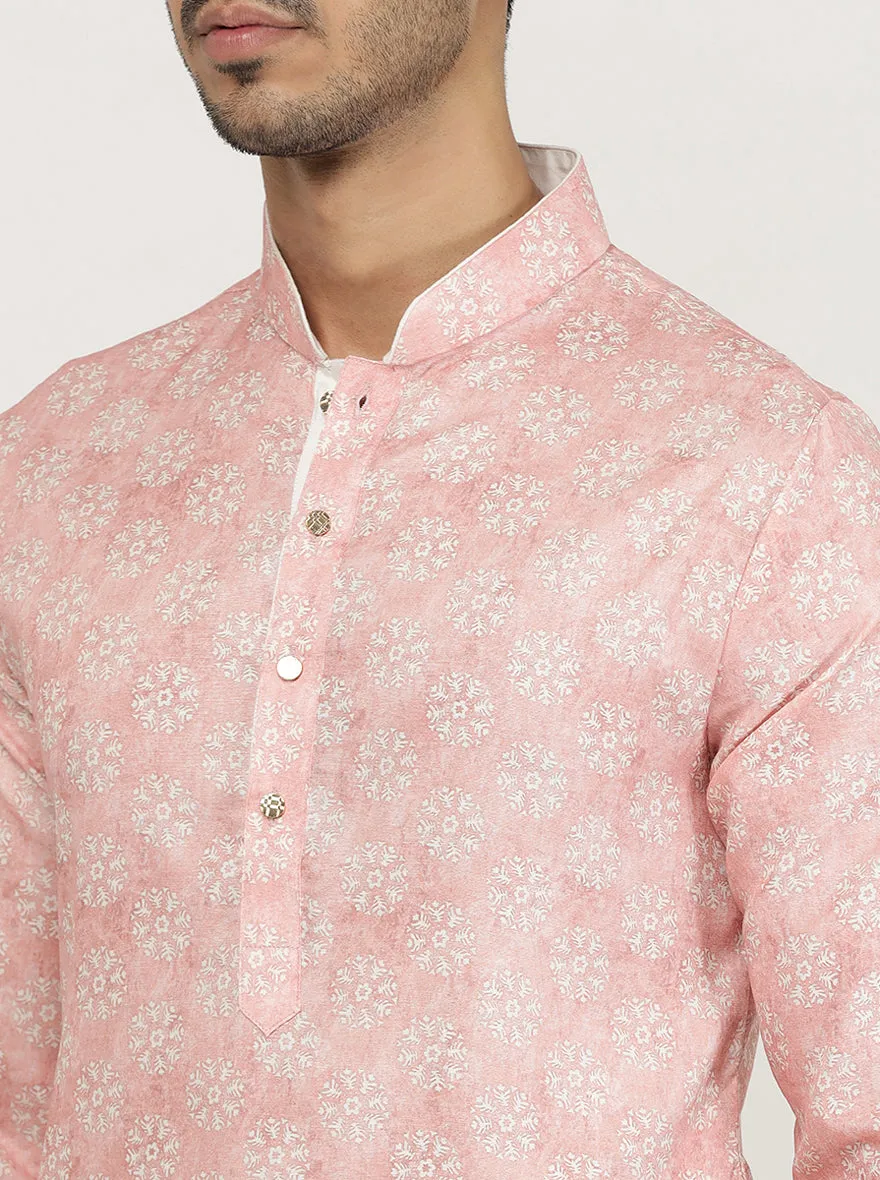 Tint Peach Printed Cotton Silk Blend Kurta for Men