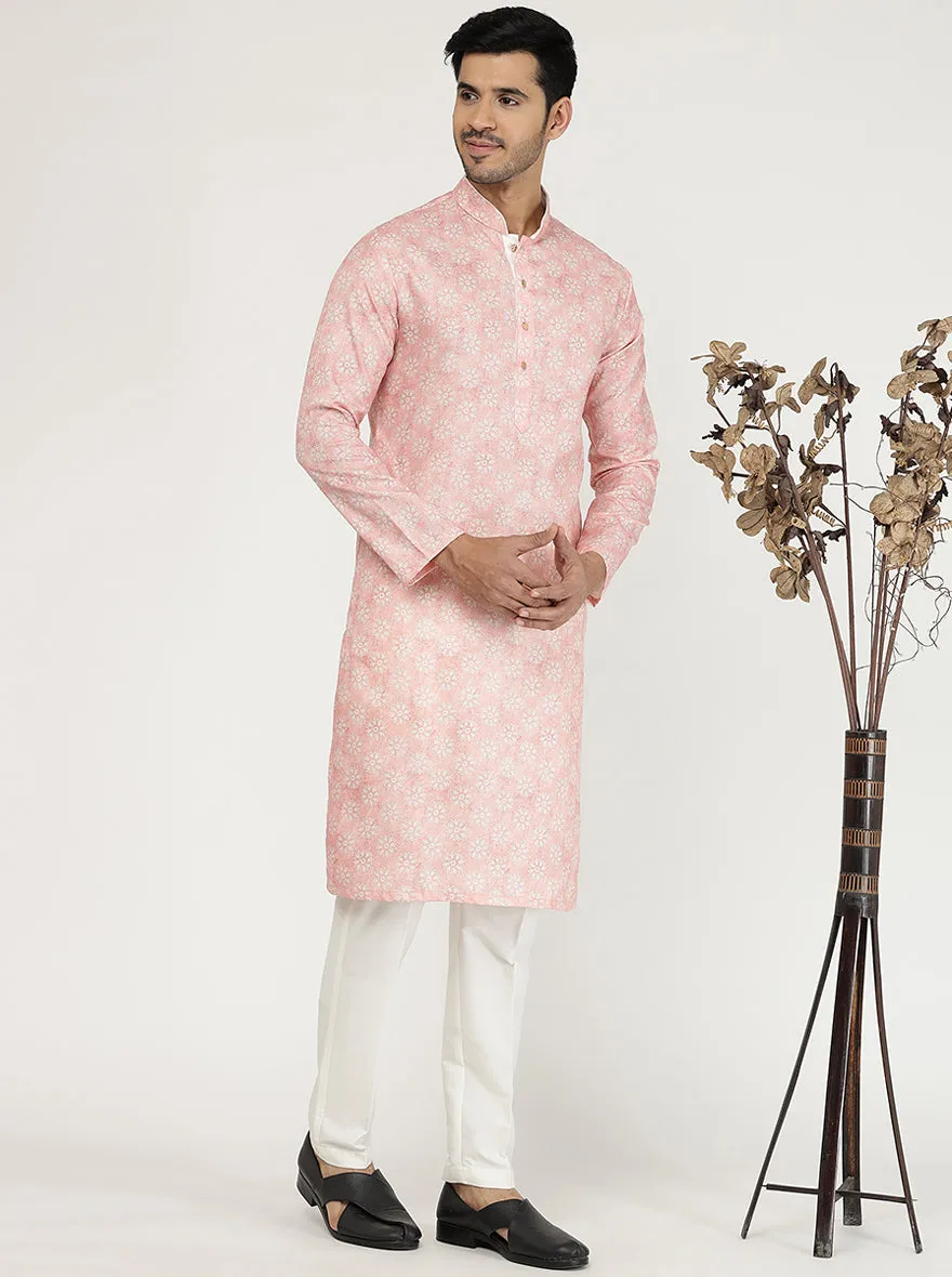 Tint Peach Printed Cotton Silk Blend Kurta for Men