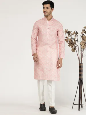 Tint Peach Printed Cotton Silk Blend Kurta for Men