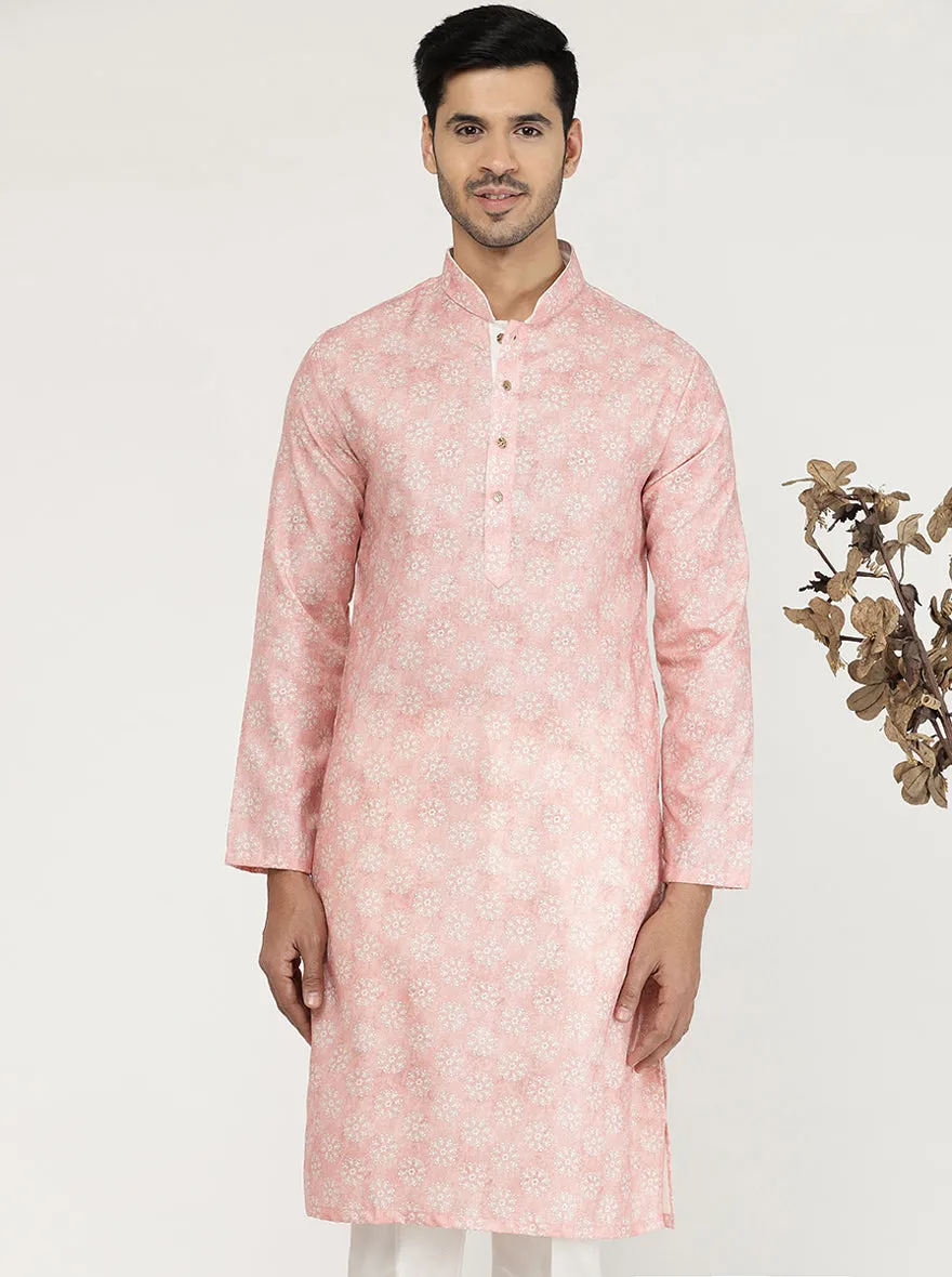 Tint Peach Printed Cotton Silk Blend Kurta for Men