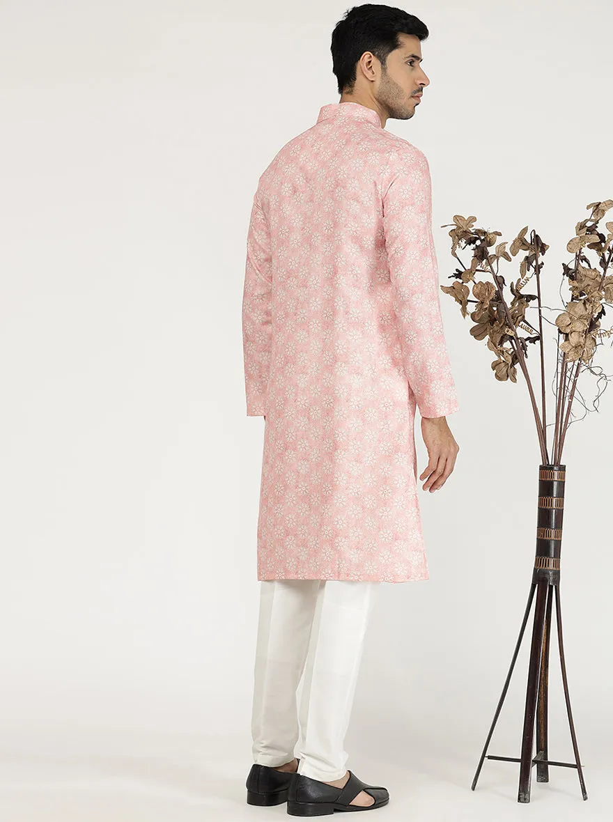 Tint Peach Printed Cotton Silk Blend Kurta for Men