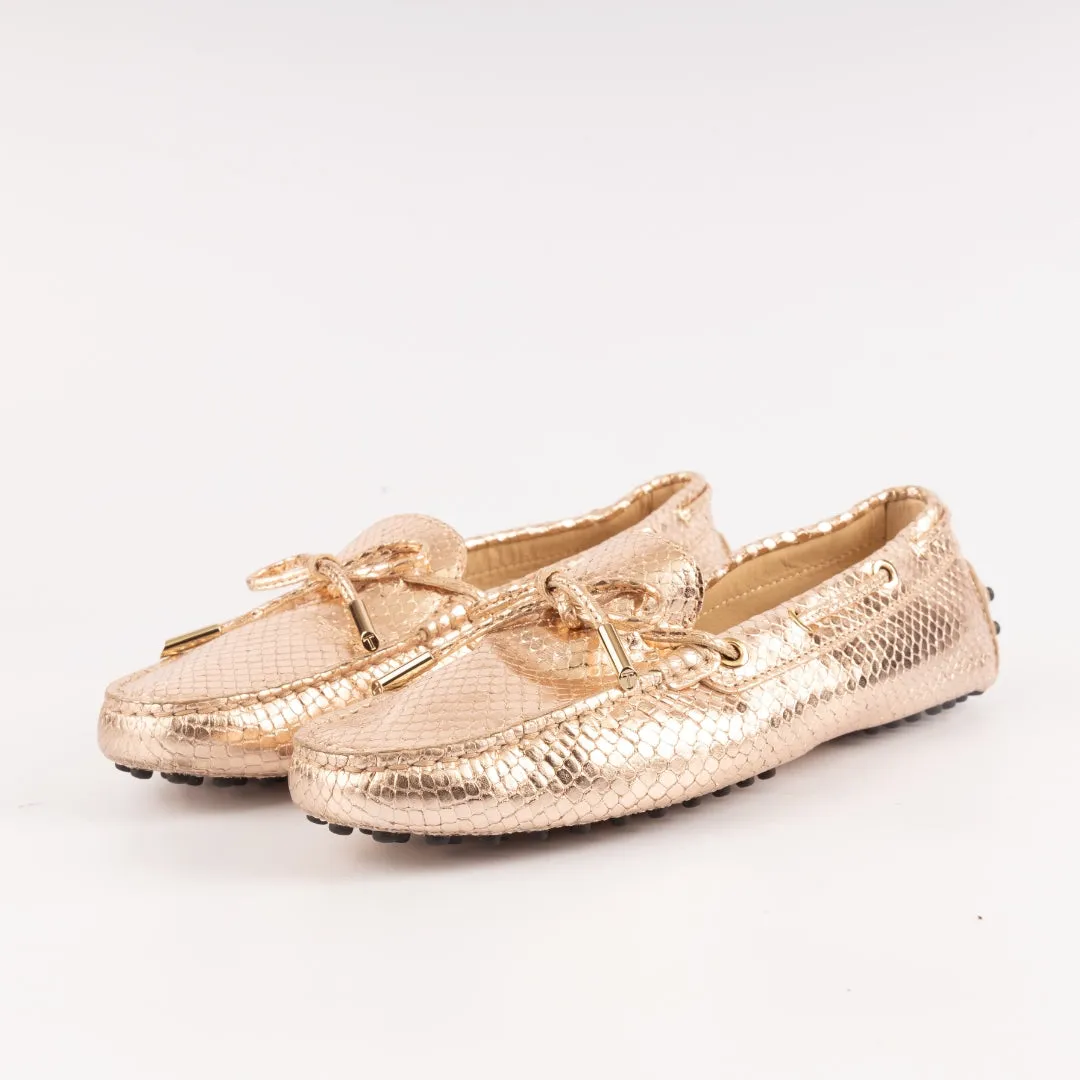 Tod's Python Print Metallic Leather Bow Loafers