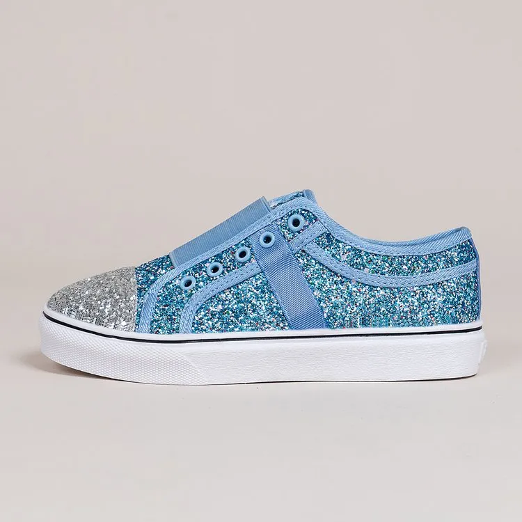 Women color block glitter low cut flat heel slip on sneaker