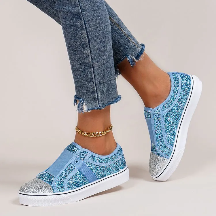 Women color block glitter low cut flat heel slip on sneaker