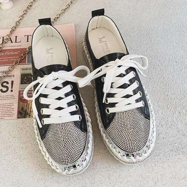 Women glitter rhinestone color block lace up stitching platform sneakers